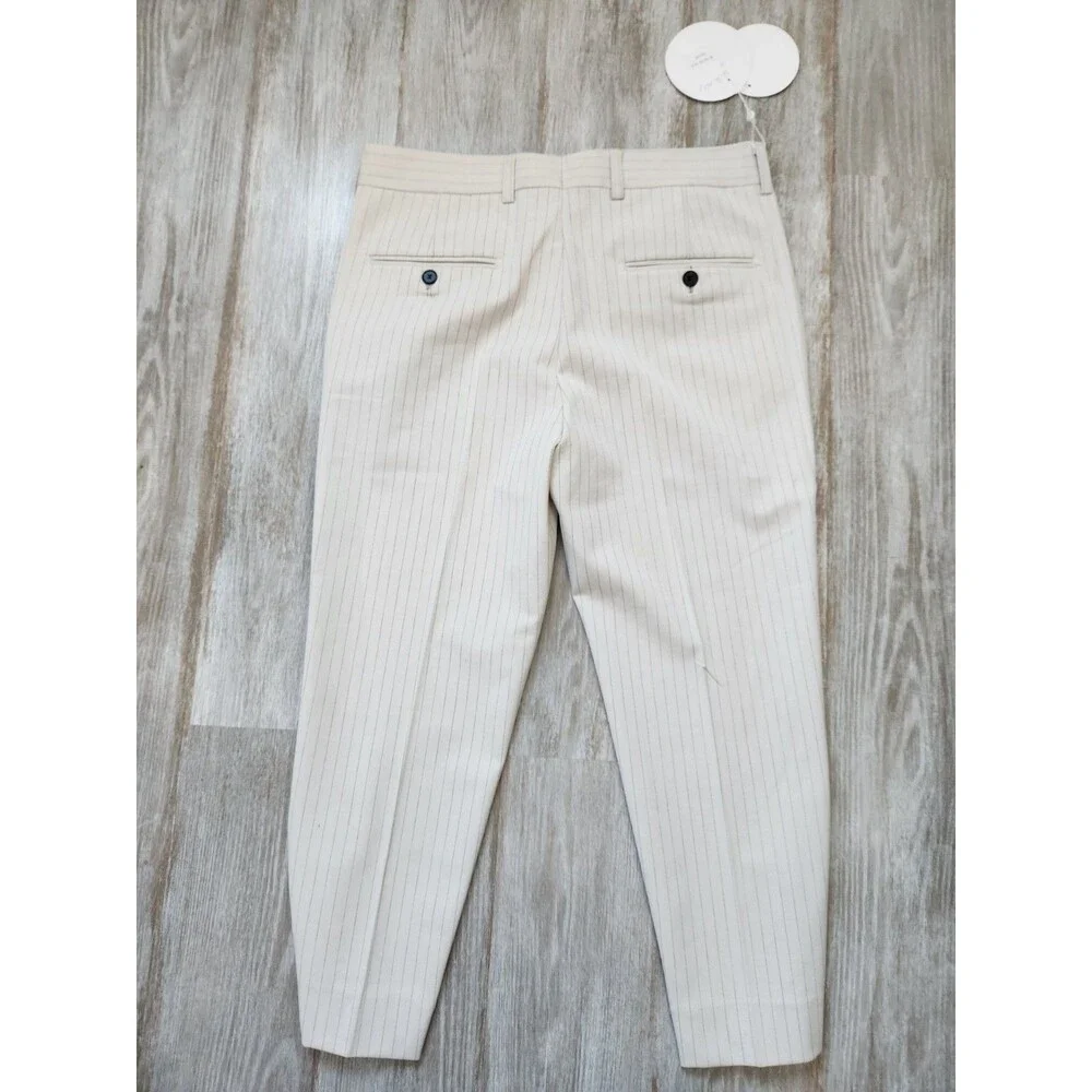 NWT Beige Gray Pinstripe Trouser Dress Pants High Waist Tapered Leg Women 33 2XL